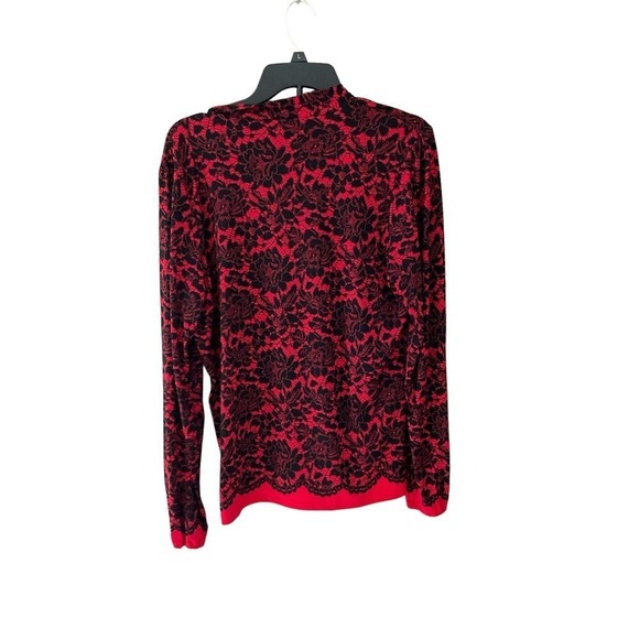 Michael Kors Blouse Top Women SZ L Red/Black Floral V-Neck Long Sleeve Pullover - Picture 2 of 5